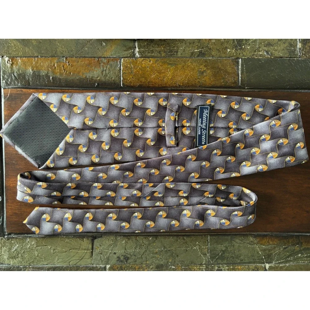 TWO Arrow & Meeting Street Vintage Silk Neckties Tan Brown Blue geometric circle